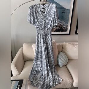 MAJE monogram clover-print satin midi dress